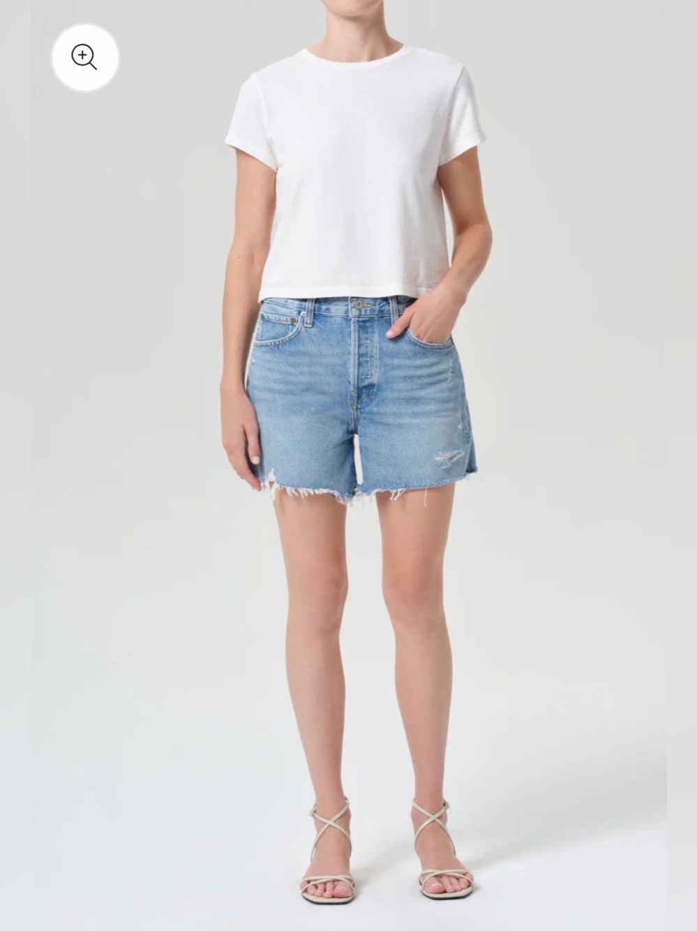 Agolde Parker Long Light Blue Distressed High-Rise Denim Shorts - Picture 2 of 9